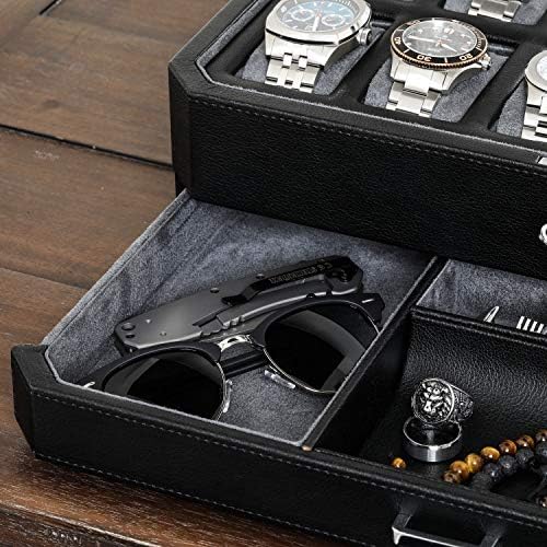 Watch Box with Valet Drawer for Men - 12 Slot Luxury Watch Case Display Organizer, Microsuede Liner, Locking Mens Jewelry Watches Holder, Men's Storage Boxes Holder Large Glass Top (Black / Grey)