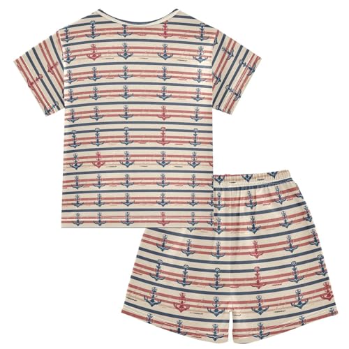 ALAZA Ship Anchor Nautical Stripes Pajama Set Short Sleeve Sleepwear Soft Lounge Nightwear2