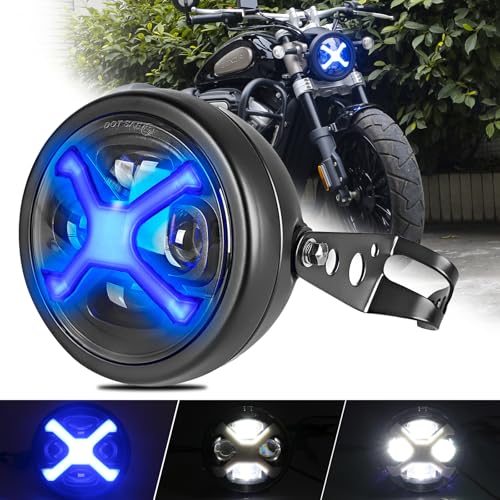 Vancroser 5.75インチバイク ヘッドライト 青Xスタイル DRL led ヘッドライト バイク シェル付き高輝度車検対応 Hi/Lo切り替えハーレー スズキヤマハホンダレブル250 カフェレーサー対応 バイク ヘッドライト汎用