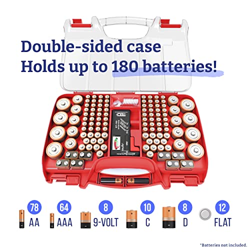Image of Battery Organizer Storage Case with Tester, Holds 180 Batteries, Clear Hinged Cover, Locking Lid - For AA, AAA, C, D and More, Red