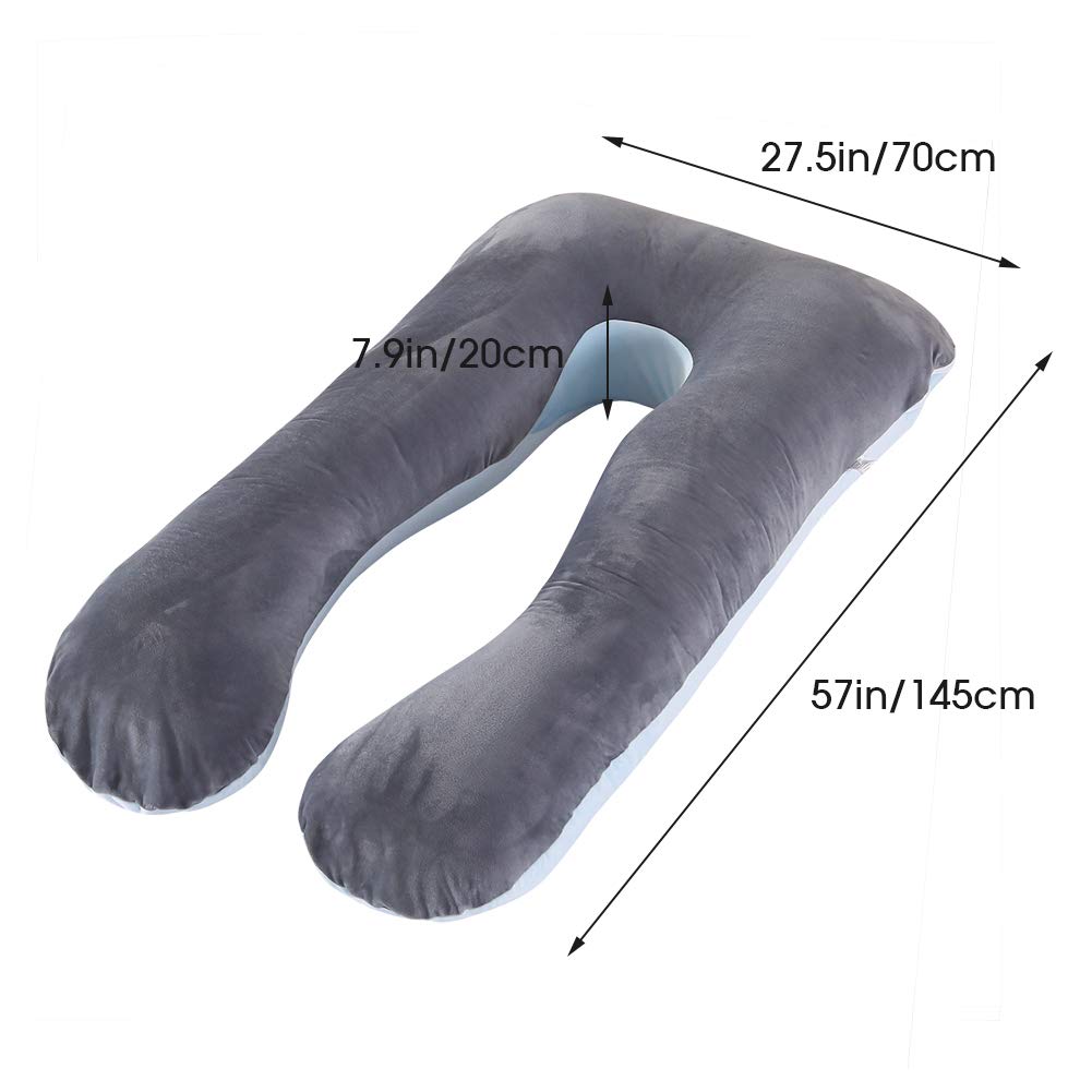 Cuscino per allattamento a forma di U con cerniera rimovibile in velluto di cotone per donne incinte, supporto schiena, fianchi, gambe, velluto, grigio + blu