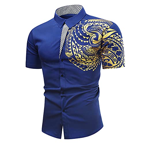 SSDXY Mens Polo Shirt Button Down Slim Fit Muscle Design Pattern Shoulder Short Sleeve Casual Sports Daily T-Shirt Navy