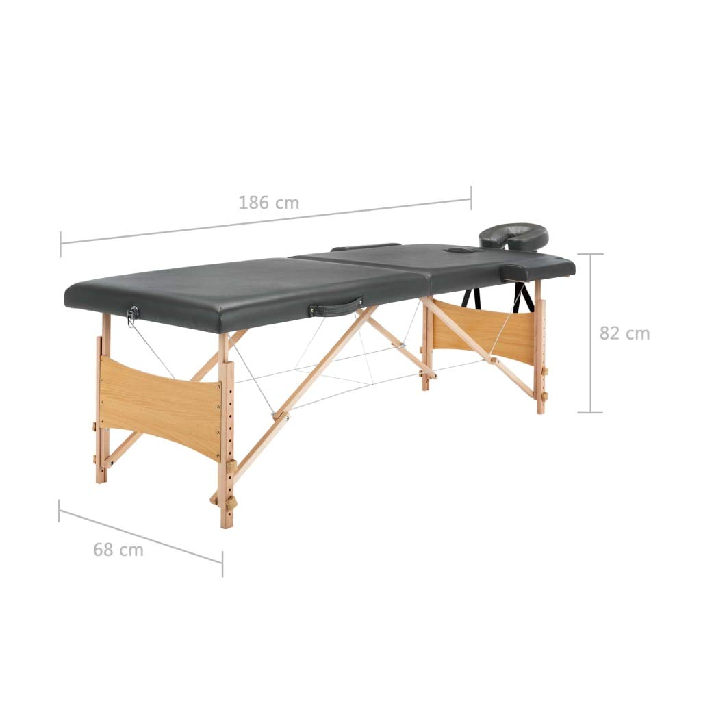 Massagetisch 2 Zonen mit Holzrahmen Anthrazit 186 x 68 cm, klappbar, tragbar, gepolstert, Kopfstütze, Armlehne, Kosmetikliege für Wellness, Praxis und Spa