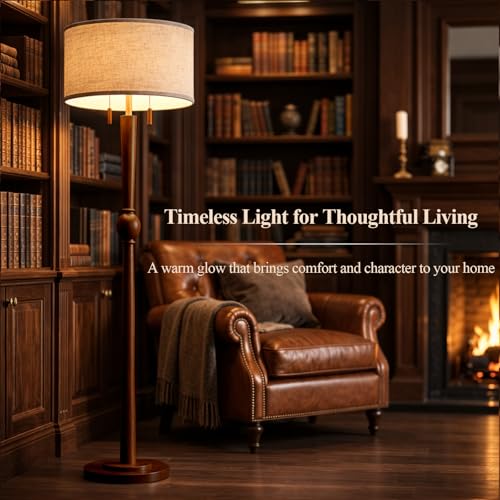 Image of MOFFE Solid Wood Floor Lamp for Living Room with Wooden Pull Chains