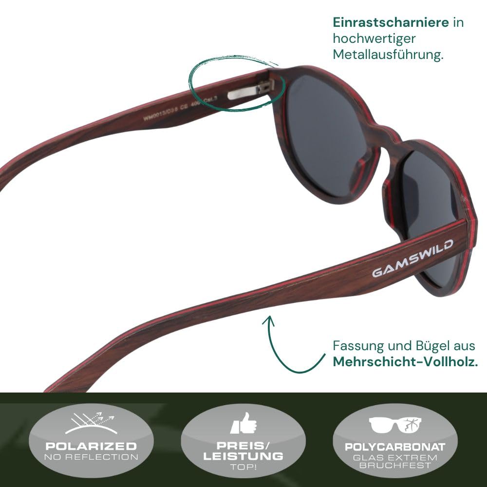 Gamswild Holzbrille WM0013 Sonnenbrille Panto Mode Brille Damen Herren | pink | braun | grau |