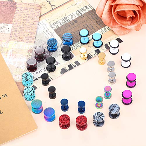sailimue 15 Pairs Mens Stud Earrings Set Stainless Steel Ear Piercing Faux Cheater Illusion Plugs Tunnel Flat Back Stud Earrings Fake Gauges Earrings for Men Women4