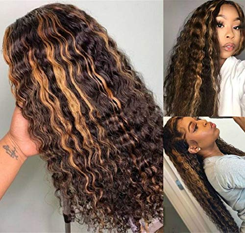 Long Curly Ombre Wigs Synthetic 13*4 Lace Front Brown/Blonde Highlights Color 30#/27# Natural Hairline 180% Density Balayage Hair Blonde Wig 22Inch