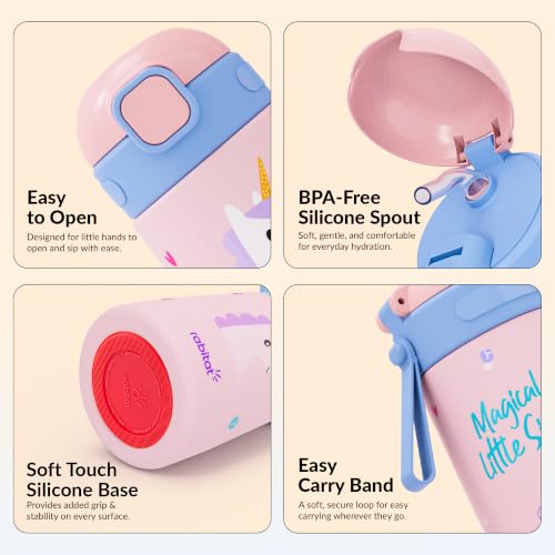 Image of rabitat Milo Personalized Stainless Steel Water Bottle 350ml | 2 Year Brand Warranty | BPA Free | Leakproof Steel Sipper Bottle for Kids | Flip Lock Lid with Straw | Easy Carry Handle Uni Pop