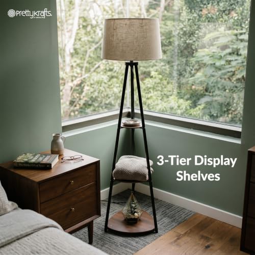 Image of PrettyKrafts Floor Lamp with 3- Tier Wooden Shelves | Modern Standing Lamp for Living Room, Bedroom & Study Room | Decorative Corner Floor Light with Storage Shelf | 140 cm (Bulb Not Included)
