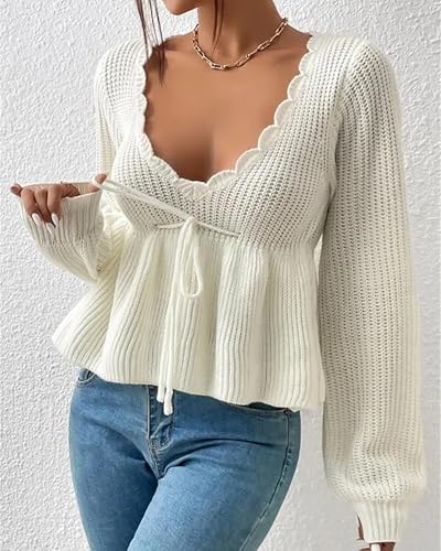 Image of BAIMORE Women's Casual Deep V Neck Drawstring Tie Front Long Sleeve Ruffle Hem Pullover Sweater