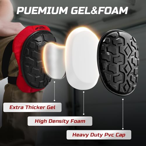 Image of Professional Knee Pads for Work Construction with Heavy Duty Cap Foam Padding Gel Cushion Knee Pads for Men, Comfortable Adjustable Strong Strap, Military Grade Rivet for Flooring Gardening, Red