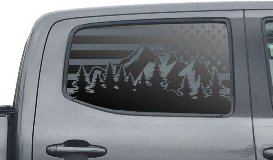 USA Flag w/Mountain Scene Decals For 2016-2023 Toyota Tacoma - Rear Door Windows - Custom Design QR2-TT3.A