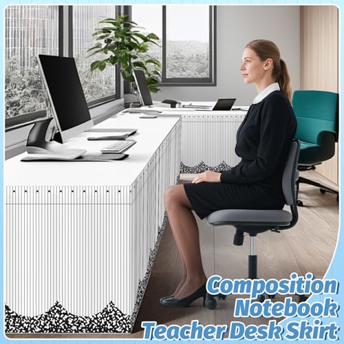 Image of 6FT Composition Notebook Table Skirt Spiral Notebook Teacher Desk Skirt for Classroom Decor Rectangle Table Cloth Black and White Desk Cover for Back to School Party Supplies Office Bookcase Cabinet