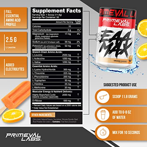 Primeval Labs Eaa Max | Pre Or Post Workout Muscle Recovery | Bcaas, Eaas, Electrolytes | Supports Hydration & Performance | Keto Friendly | 30 Servings (Orange Sherbet) #TOP1