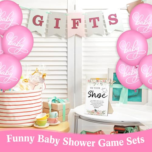 Image of Roowest 51 Pcs Tie Your Shoe Baby Shower Game Sign Wooden Sign Greenery Gift Sets Gender Reveal Party Favors 50 Balloons Latex Balloons for Game Wedding Supplies(Pink,Flowers)