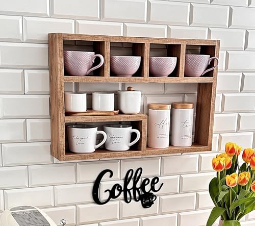 Image of Hamdan Collection Wall Mounted Mug Shelf - Coffee Cup Storage - Kitchen Wall Rack - Floating Cup Organizer - Rustic Coffee Bar Shelf (5 Comp)