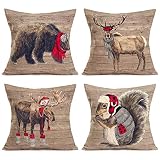 Xihomeli 4 Pack Rustic Wood Pillow Cases Bear Elk Reindeer Squirrel Wear Red Hat Scarf Christmas Pil
