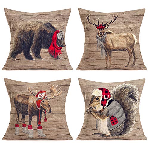 Xihomeli 4 Pack Rustic Wood Pillow Cases Bear Elk Reindeer Squirrel Wear Red Hat Scarf Christmas Pillow Cover, Winter Animal, Merry Christmas Cotton Linen Cushion Cover 18" X 18" (4 Pack Xmas Animal) #TOP11