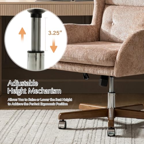 Image of HULALA HOME Modern Swivel Office Chair with Solid Wood Base, Sand | 360 Swivel Executive Task Chair with Button-Tufted, Adjustable Height Wingback Desk Chair, Wide Seat Computer Chair for Home