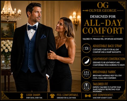 Image of Oliver George 4pc Men's Solid Formal Suit Waistcoat Tuxedo Dress Vest Necktie Bowtie Handkerchief Set for Suit or Tuxedo