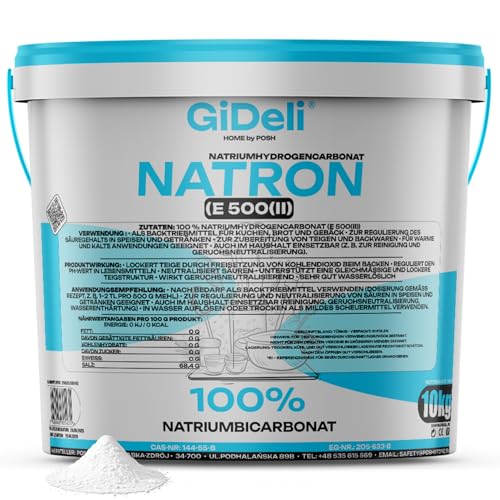 GiDeli Natron Pulver 10 kg im Eimer Lebensmittelqualität - Natriumbicarbonat ohne Zusätze - Ideal zum Koche, Backen, Waschen und Putzen - Vielseitige Anwendung im Haushalt
