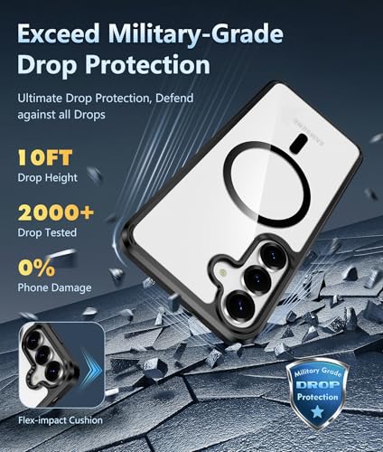 Image of FNTCASE for Samsung Galaxy S25-FE Case: Magnetic Clear Military Grade Drop Protection Anti Yellowing Cell Phone Cover - Rugged Shockproof Protective Bumper Transparent Phonecase(Black)