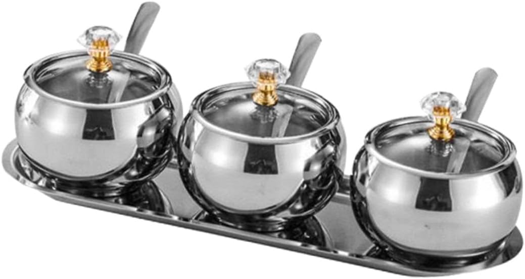 Stainless Steel Condiment Jar Set with Lid Spoon and Tray, Kitchen Seasoning Storage Containers for Salt Sugar Spice Cooking, 4pcs Natural Finish