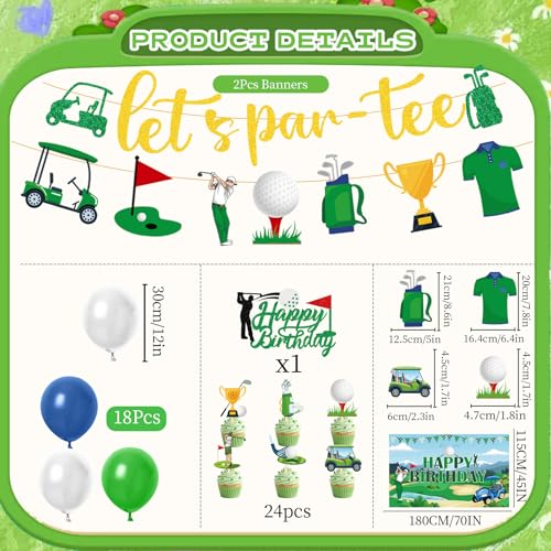 Image of Gameza Golf Birthday Party Decorations - 34PCS Golf Birthday Decorations, Lets Partee Banners Balloons Backdrop Cake Topper Cupcake Toppers, Sport Themed Party Decor Supplies