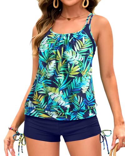 Image of Holipick Tankini Swimsuits Two Piece Tummy Control Bathing Suits Blouson Swim Tank Top with Boy Shorts