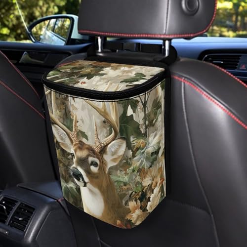 Image of Talayituse Forest Elk Hunting Camo Print Car Trash Can with Lid, Leak Proof Auto Trash Bag Hanging Vehicle Garbage Can Multipurpose Storage Container for Back Seat Road Trip