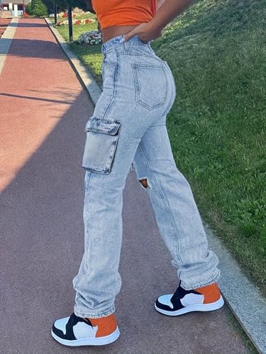 Women's Distressed Cargo Jeans Ripped Knees Wide Leg Loose Long Denim Pants with Side Pockets Streetwear Boyfriend4
