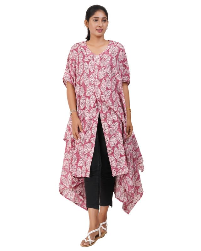 Image of MENMAII Women's Cotton Designer Dress|Fits up to 3XL| Front Open Button Down | Asymmetrical Hem | Chelsea Collar | Drop Shoulder | Flowy Loose Fit | Knee Length | Free Size [Pink Leaf]