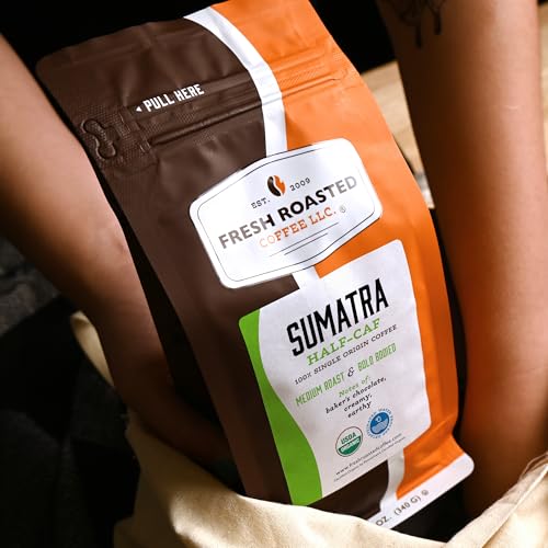 Image of Fresh Roasted Coffee, Organic Sumatra Water-Processed Half-Caf Drip Ground Coffee, Medium Roast, USDA Organic, 100% Single Origin, Kosher, 12 oz