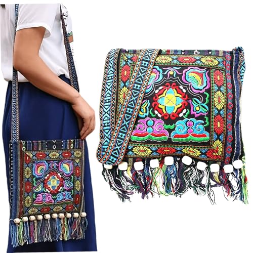 Boho Shoulder Bag, Ethnic Embroidered Shoulder Bag for Women with Tassel, 11x10 Inch Large Capacity Crossbody, Trendy Easy Matching Cute Bags, Gifts for Women, Boho, fo2