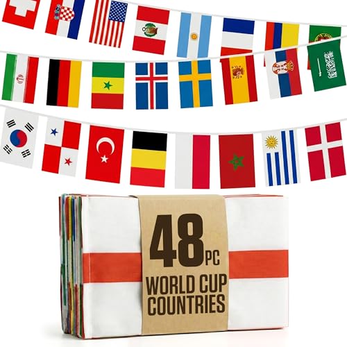 2026 World Cup Flag Bunting 48Pcs Mix Countries Flags 14x21cm - 15m Double-Sided Polyester Rope - 48 Flags Bunting Banner for Party Decorations for Tournaments Garden Streets & Pub Bar