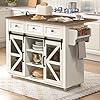 Kitchen island with storage kitchen cart with charging station rolling kitchen island table with drop leaf 3 drawers barn doors towel rack and spice rack white and walnut  urban country home decor