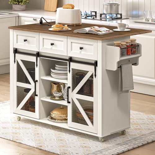 Kitchen-Island-with-Storage-Kitchen-Cart-with-Charging-Station-Rolling-Kitchen-Island-Table-with-Drop-Leaf-3-Drawers-Barn-Doors-Towel-Rack-and-Spice-Rack-White-and-Walnut Kitchen Island with Storage Kitchen Cart with Charging Station Rolling Kitchen Island Table with Drop Leaf 3 Drawers Barn Doors Towel Rack and Spice Rack White and Walnut