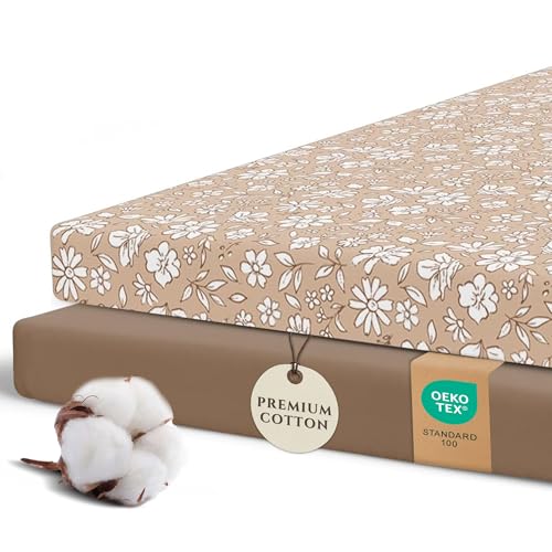 Image of Pobibaby – 2 Pack Pack N Play Sheets and Mini Crib Sheets Fitted, Premium Ultra-Soft Jersey Knit Baby Sheets – Stylish Floral Pattern, Safe and Snug for Standard Playards and Mini Cribs (Meadow)