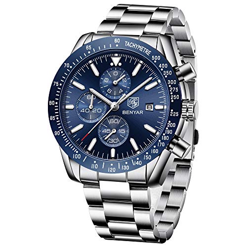 Men's Watches BENAYR Casual Chronograph Analog Quartz Waterproof Sports Watches Rubber Strap Business Wrist Watches for Men (Steel Blue)