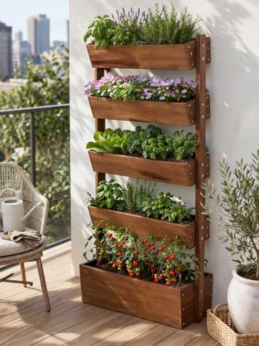 Vertical Raised Garden Bed,5 Tier Wooden Garden Planters,Adjustable Freestanding Plant Stand Flower Rank,Wooden Planters for Outdoor Indoor Balcony Garden,Herb Vegetables Flowers,33x17x66,Brown