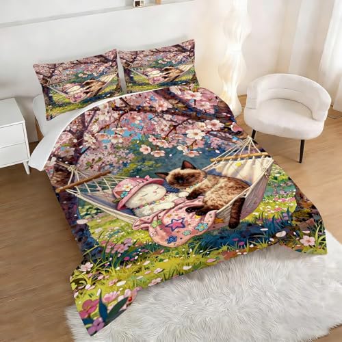 Image of Cartoon Cat Comforter Set Full Size Cute Kitten Floral Bedding Sets for Girls Boys Kids Adults Bedroom Decor Spring Cherry Blossom Hammock Quilt 1 Comforter 2 Pillowcases
