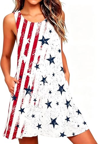 Image of Roshop Womens Juneteenth Flag Sleeveless Dress 4th of July Patriotic Swing Sundress with Pockets