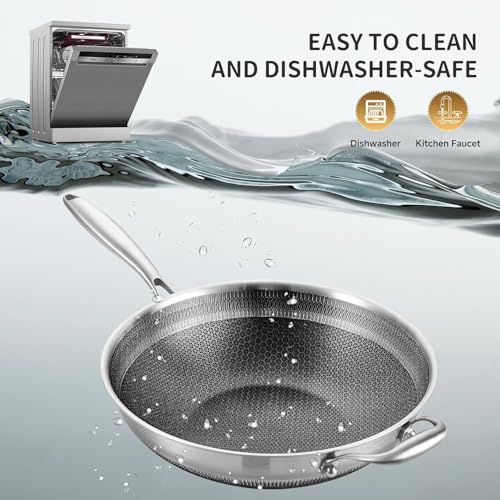 Image of Hybird Nonstick Wok Pan with Steel Lid | 14.5-Inch | Detachable Handle | Non Toxic | Tri-Ply Stainless Steel | Ceramic Coating | Stir Fry Pan | Induction Compatible | Dishwasher & Oven Safe