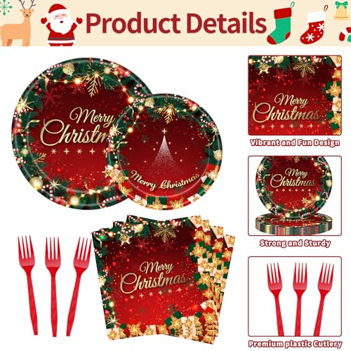 100 Pcs Merry Christmas Party Supplies - Serves 25, Red Green Holiday Disposable Tableware, Includes Paper Plates, Napkins, and Plastic Forks for Xmas Dinner, Winter Celebrations, Seasonal Decorations – Image 4