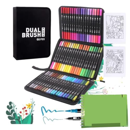 Kit De 60 Canetas Marcador e Livro de Colorir Caderno Espiral com Desenhos Desenho BooGOOD Mix Ponta Dupla Com Estojo - CLICK FACIL