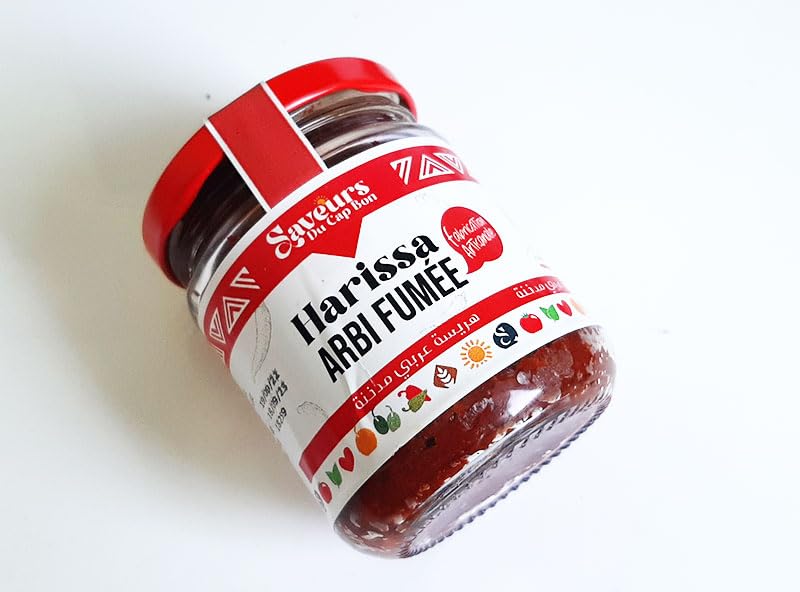 Harissa Arbi Tunisienne Aux Piments séchés aux feux de Bois de Tunisie - 100% Naturel, Artisanale - à l'Huile d'olive,Piments Secs, Ail, Coriandre, Carvi - Pot En Verre 180 gr - Sans Conservateur