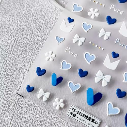 Image of Heart Nail Art Stickers 5D Embossed Nail Decals Blue White Self Adhesive Bow Nail Sticker for Nails Art Design for Women Girls Flower Supplies Manicure Decorations Accessories