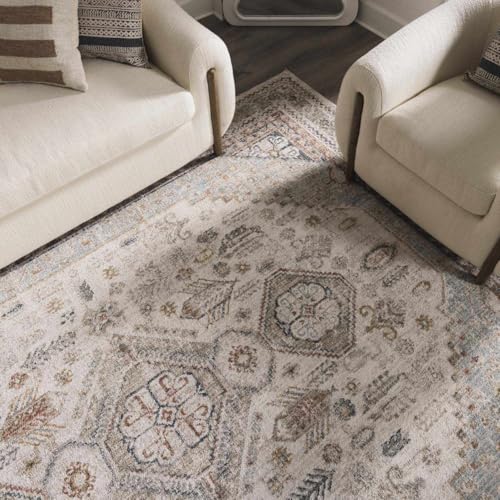 Image of Hauteloom Balfour Hallway, Kitchen Runner Rug - Medallion Geometric Border Floral Diamond - Traditional Oriental Transitional Oushak Turkish - Natural Gray, Cream, Gray, Beige, Blue - 2'7 inch x 7'3 inch