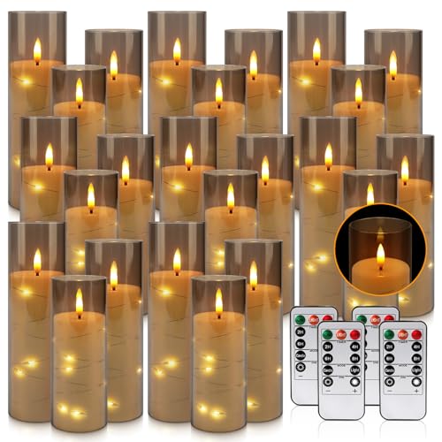 24-Pack Gray Flameless Candles with Remote Control, Battery-Powered LED Candles with Embedded Star...