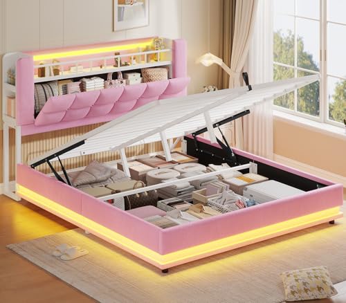 ADORNEVE Queen Size Lift Up Storage Bed with LED Lights & Storage Bookcase Headboard, Velvet Upholstered Platform Bed for Girls, Queen Bed Frame with Charging Station,Hydraulic Lift System, Pink